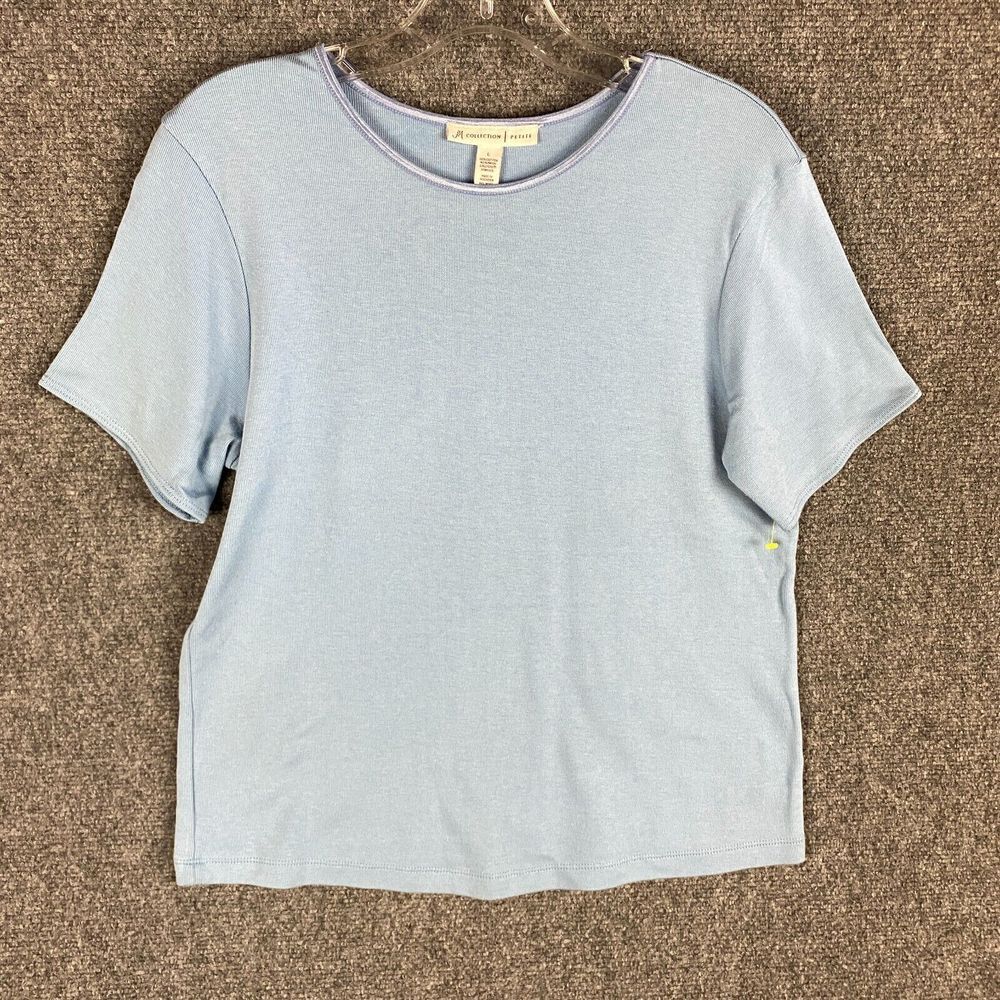 JM Collection Top Women's Petite Large PL Blue Short Sleeve Casual Shirt Cotton
